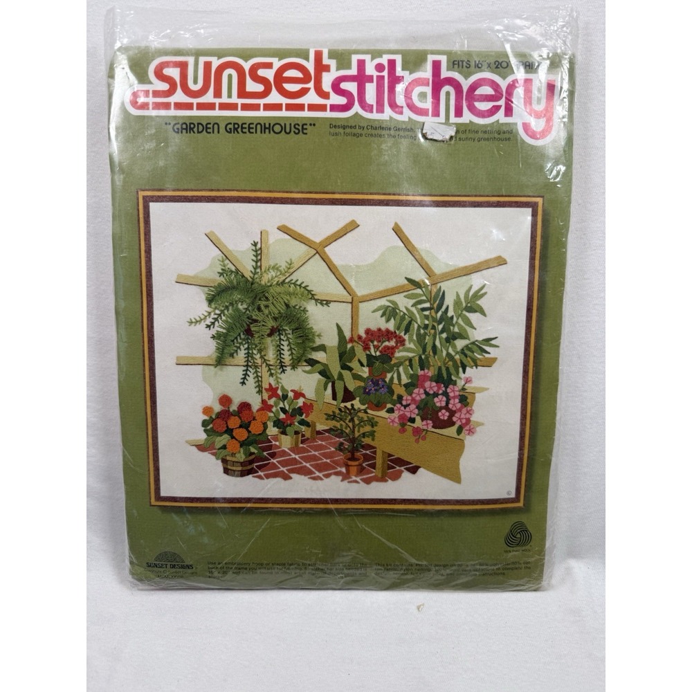 Vtg 70s Sunset Stitchery GARDEN GREENHOUSE Embroidery Crewel Stitch Kit Complete